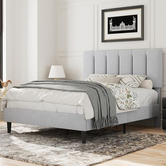 VECELO Queen Bed Frame with Upholstered Headboard, Heavy-Duty Platform Bedframe with Strong Wooden Slats Support, No Boxing Spring Needed, Light Grey