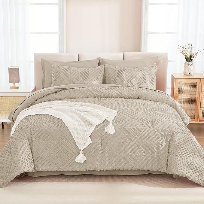 Andency Queen Size Comforter Set 7 Piece Oatmeal - Bed in a Bag Queen Boho Lightweight Fluffy Tufted Bedding Sets with Comforter, Sheets, Pillowcases & Shams