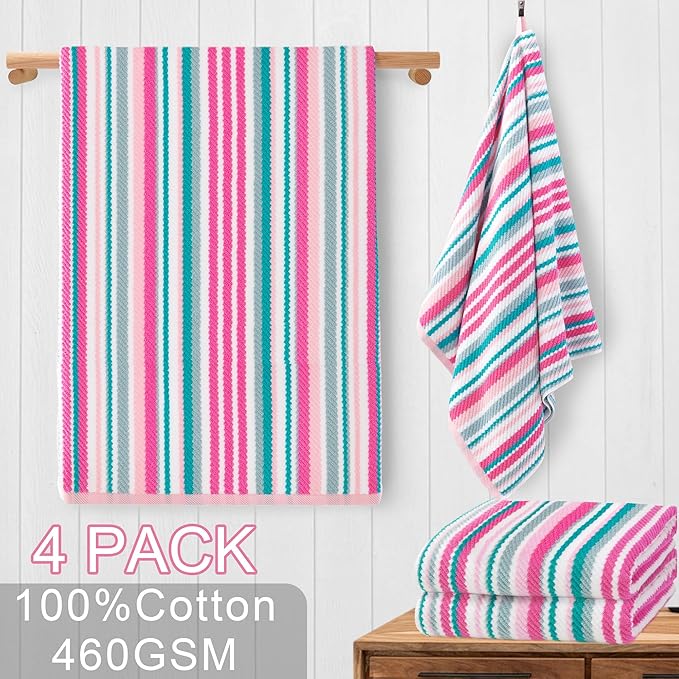 VOOVA & MOVAS Cotton Bath Towels Set of 4, 28"x52" - Quick Dry, Soft & Absobent & Lightweight, Luxury Striped Towels with Hanging Loop, Quick Dry Towels for Bathroom, Pink and Teal Stripe