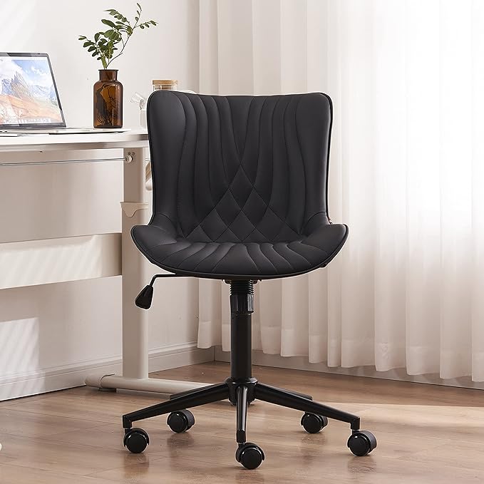 YOUTASTE Black Office Chair, Modern Armless Desk Chair with Back, Adjustable Swivel Rolling Faux Leather Task Chair with Wheels Metal Base for Home Office, Study, or Vanity