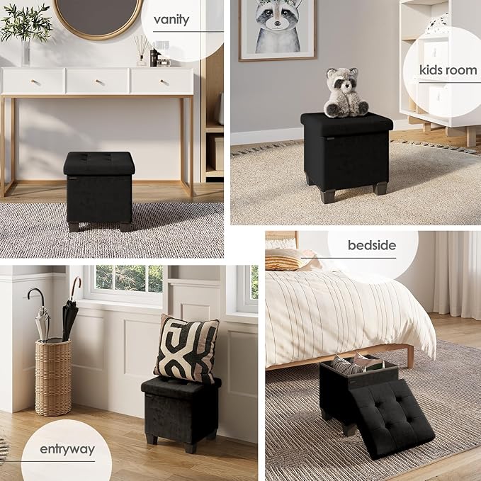 STORAGEBUD Storage Ottoman Cube with Small Bin, 15-in Square Ottoman with Storage for Living Room and Bedroom, Small Ottomans Foot Rest, Velvet Foot Stools Ottomans Max 330lbs, Black
