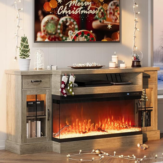 4 EVER WINNER Farmhouse Fireplace TV Stand with 40" Electric Fireplace for 80" TV, 70" Entertainment Center with Adjustable Storage Cabinets, 2 Drawers, LED Lights, TV Consoles for Living Room, Grey