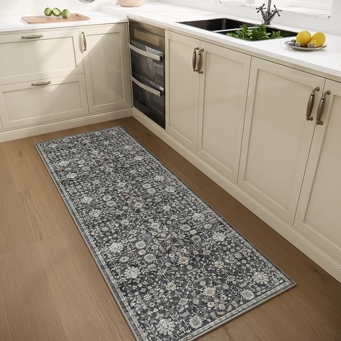 2'x6' Washable Runner Rug Utral Soft Lightweight Vintage Boho Distressed Non-Slip Backing,Low Pile Stain Resistant Farmhouse Rug for High-Traffic Hallway, Kitchen & Laundry