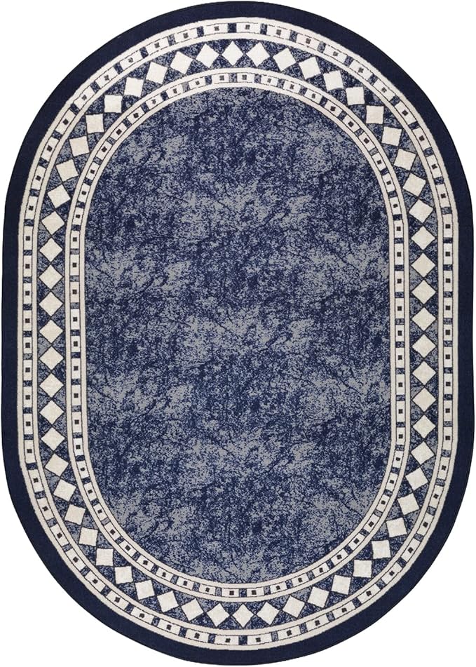 Antep Rugs Alfombras Modern Bordered 5x7 Non-Skid (Non-Slip) Low Profile Pile Rubber Backing Indoor Area Rugs (Navy Blue, 5' x 7' Oval)