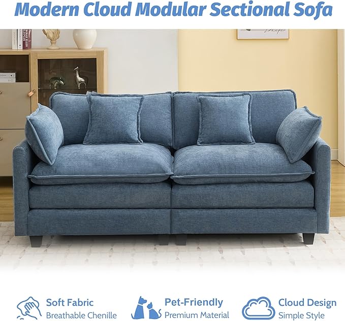 76'' Cloud Deep Seat Loveseat, Upholstered Chenille Modular 2-Seats Sectional Sofa Couch, Modern Comfy Settee Loveseat for Living Room Set, Small Apartment, Blue
