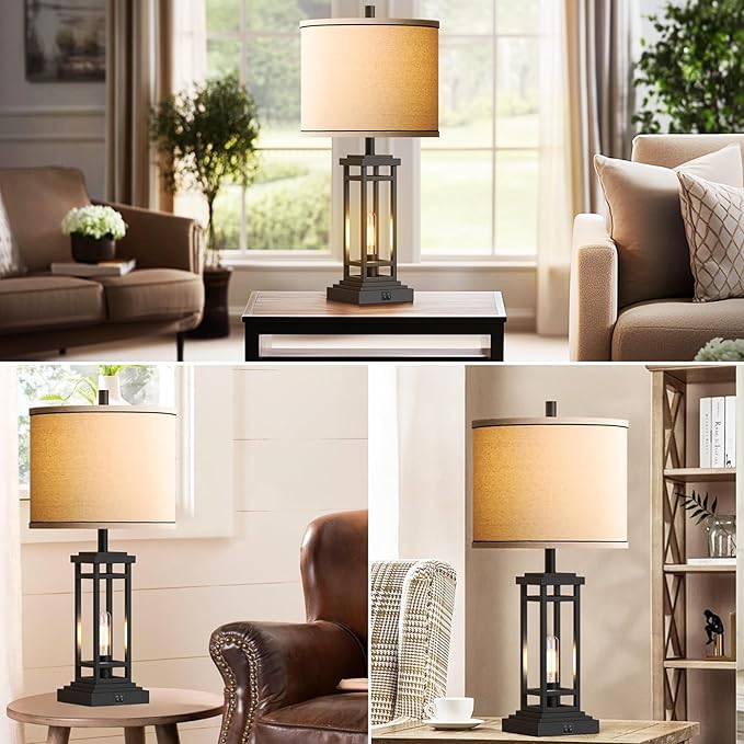 ROTTOGOON 27.5 Tall Farmhouse Table Lamp with USB C + USB A Charge Ports, Rustic Living Room Lamp, Black Industrial End Table Lamp for Bedroom Living Room Nightstand (Black)