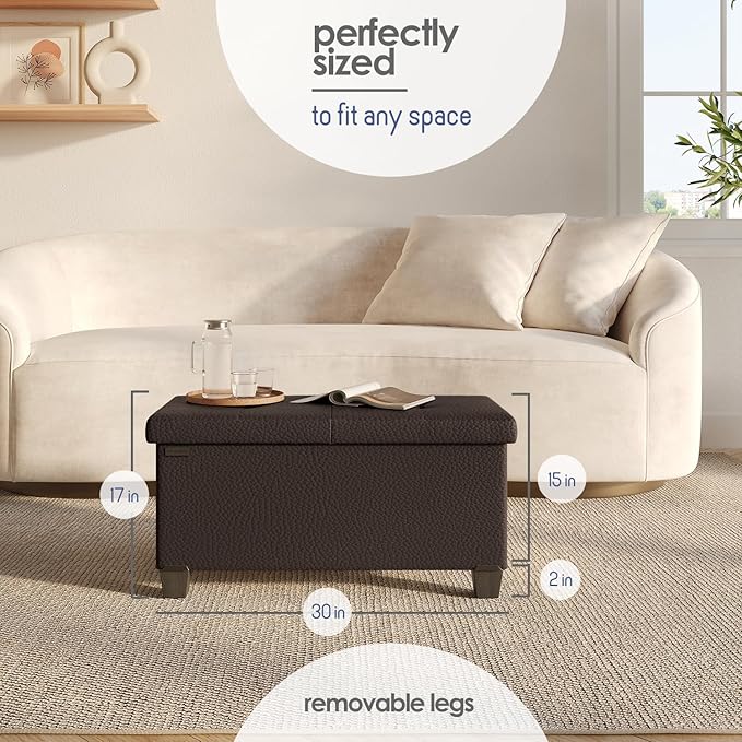 STORAGEBUD Storage Ottoman Bench with Bins, 30-in Storage Bench for Bedroom End of Bed, Folding Foot Rest Ottoman for Living Room Max 660lbs, Faux Leather Ottomans, Brown