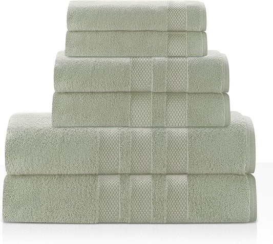 Zero Twist Bathroom Towel Set - Luxury Bath Towel Sets for Bathroom, Hands, and Washcloths - Quick Dry and Absorbent - 6 Pieces, 3 Stripe, Sage