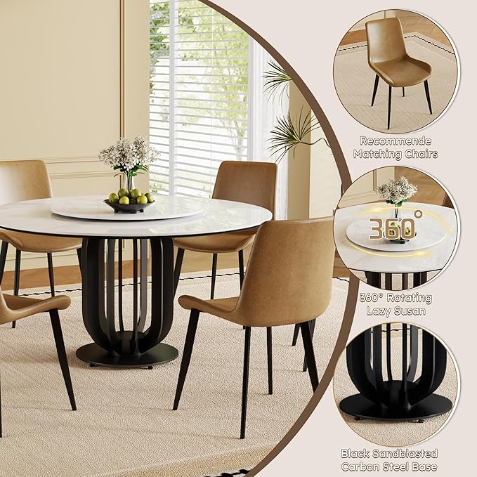 Dining Table Set with 8 Chairs, 59" Round Modern Marble Dining Table with Lazy Susan, Sintered Stone Top for Kitchen, Dining Room, Dinette