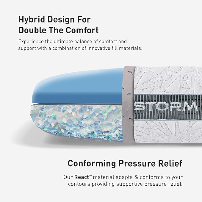 Bedgear Storm Cuddle Curve Performance Pillow - Size 1.0 - Cooling Bed Pillow for Side Sleepers - Medium Firmness- Washable and Removable Cover - 20" W x 26" L