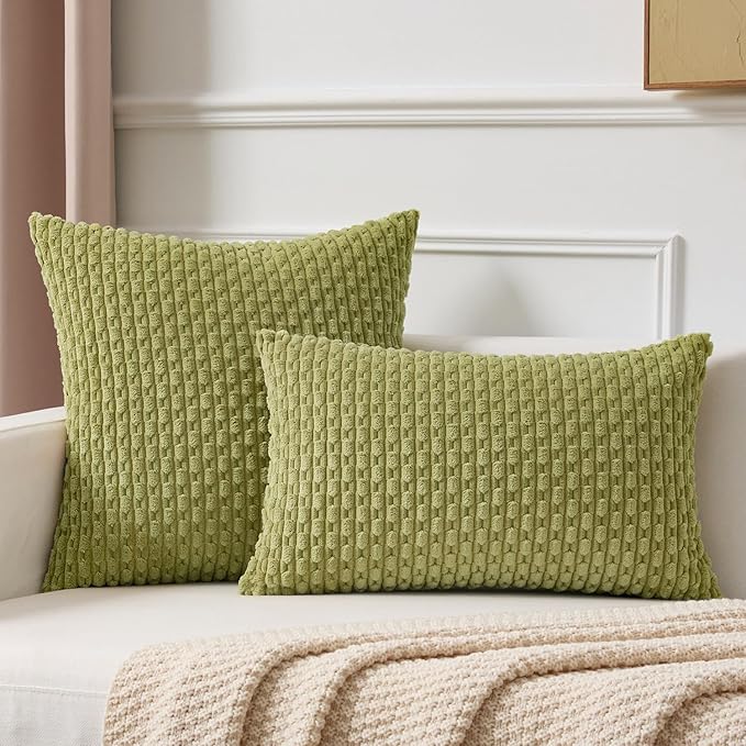 Kevin Textile Decorative Pillow Covers Set of 2 Striped Plush Corduroy Pillows Pillowcases Boho Home Decor Cushion Covers for Couch Sofa Bed Living Room 20x20 Inch, Grass Green