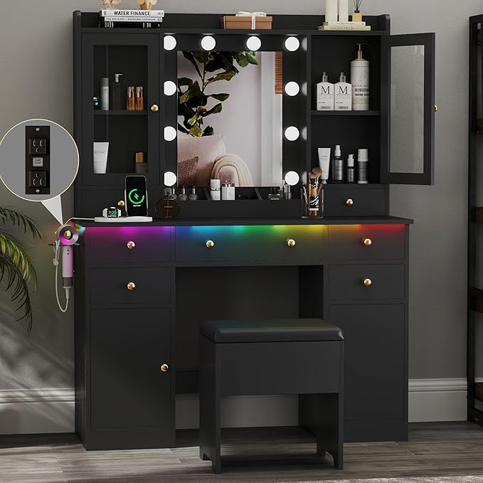 Makeup Vanity Desk with Mirror & LED Lights, Storage Drawers, Charging Station, Cabinets & Stool, Large Dressing Table with RGB Ambient Lighting for Bedroom & Vanity Room