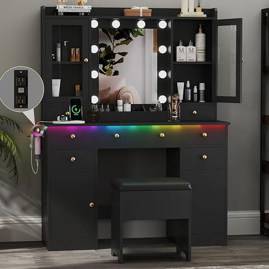 Makeup Vanity Desk with Mirror & LED Lights, Storage Drawers, Charging Station, Cabinets & Stool, Large Dressing Table with RGB Ambient Lighting for Bedroom & Vanity Room