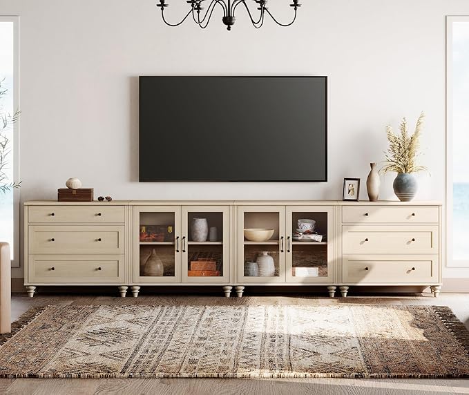 WAMPAT Modern TV Stand, 4 in 1 Entertainment Center with Storage Cabinets and 4 Glass Door, Media Console with 6 Drawer Dresser for Living Room, Light Oak