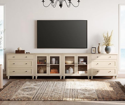 WAMPAT Modern TV Stand, 4 in 1 Entertainment Center with Storage Cabinets and 4 Glass Door, Media Console with 6 Drawer Dresser for Living Room, Light Oak