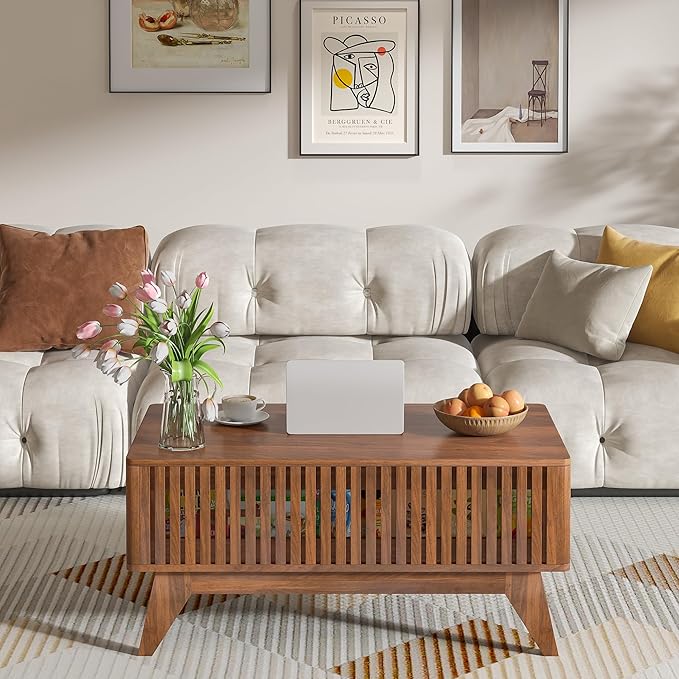 Lift Top Coffee Table with Hidden Compartment, Mid Century Modern Coffee Table for Living Room, Fluted Design Farmhouse Center Table with Storage (Walnut, 35.4" W)