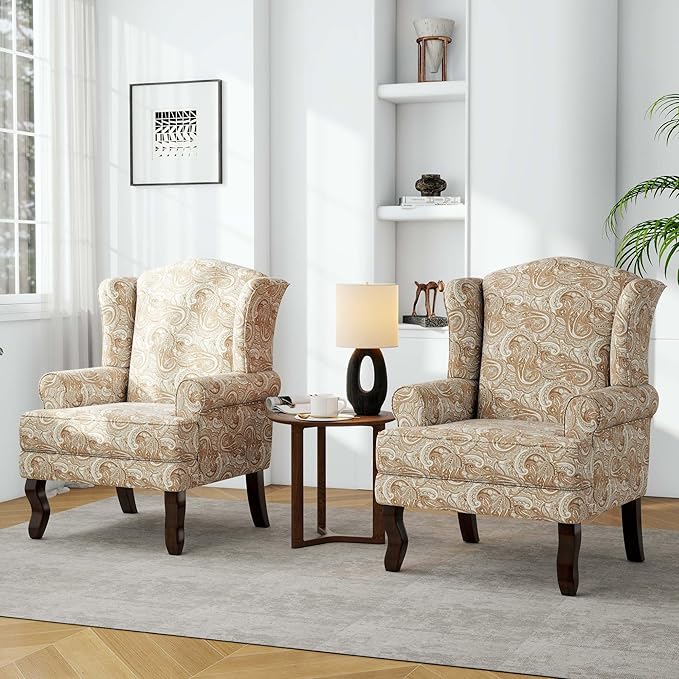 Accent Chair, High Back Upholstered Armchair with High Resilience Sponge & Wood Legs, Mid-Century Modern Comfy Single Sofa Reading Chairs for Living Room, Bedroom (Floral Sand, Set of 2)