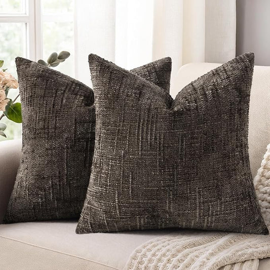 decorUhome Dark Brown Chenille Throw Pillow Covers 18x18 Set of 2 Thick Textured Slubby Couch Pillow Covers Farmhouse Accent Modern Neutral Decorative Pillow Cases for Bed Sofa Living Room