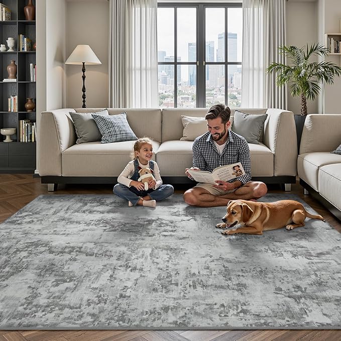 tchdio Area Rug 6x9 Grey Rugs for Living Room- Abstract Soft Living Room Rug-Non Slip Carpet-Machine Washable Rug for Bedroom Dining Room Home Office Modern Rugs Light Grey/Brown/Beige