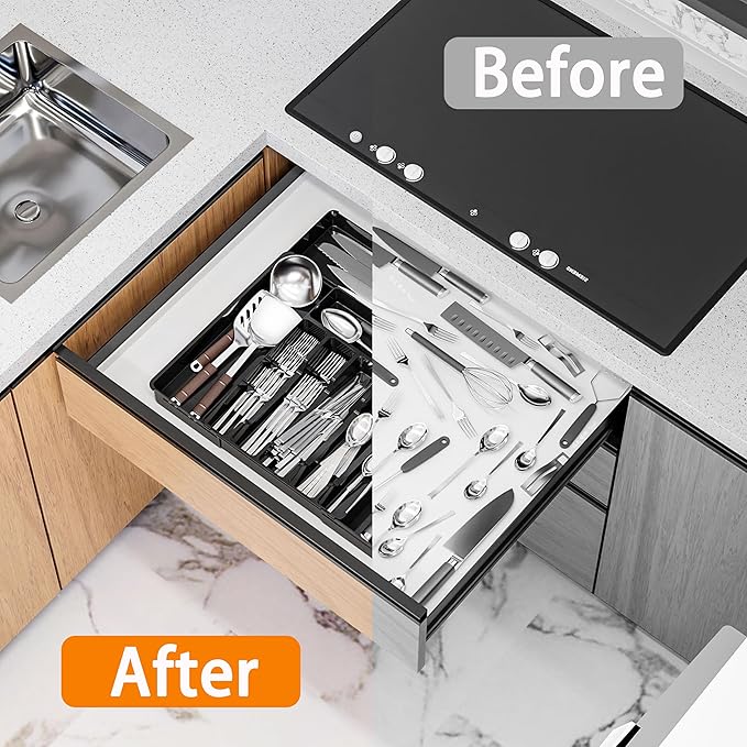 Silverware Drawer Organizer, Expandable Utensil Tray for Kitchen Drawers, BPA Free Flatware and Cutlery Holder, Adjustable Plastic Storage for Utensil like Spoons, Forks, Knives.Black