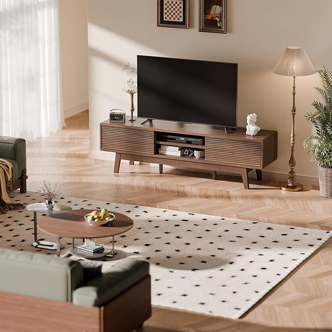 TV Console, Mid Century Modern Media Console for 55/60/65 Inch TV, Low Profile TV Stand with Fluted Sliding Doors, Boho Light Wood Credenza for Living Room (Walnut, 59")