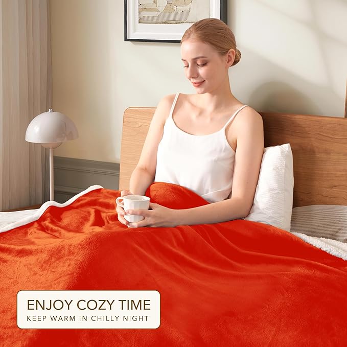 BEAUTEX Orange Sherpa Fleece Throw Blankets, Soft Fluffy Flannel Plush Blanket and Throw, Fuzzy Cozy Fall Halloween Blankets for Couch Bed Sofa Adults (50" x 60",)