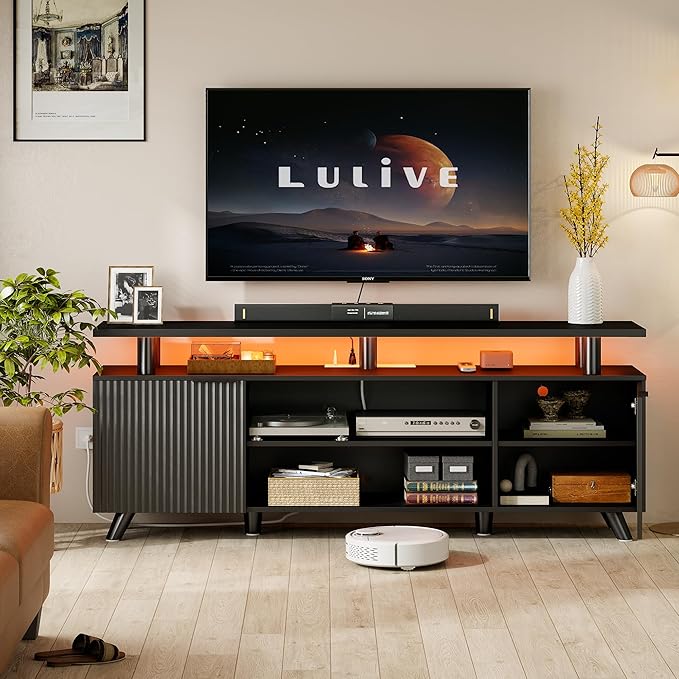 Lulive Modern TV Stand for 55/60/65/70 inch Television, Entertainment Center with Wooden Storage Cabinets and Power Outlet, Black Media Console for Living Room Bedroom (Black)