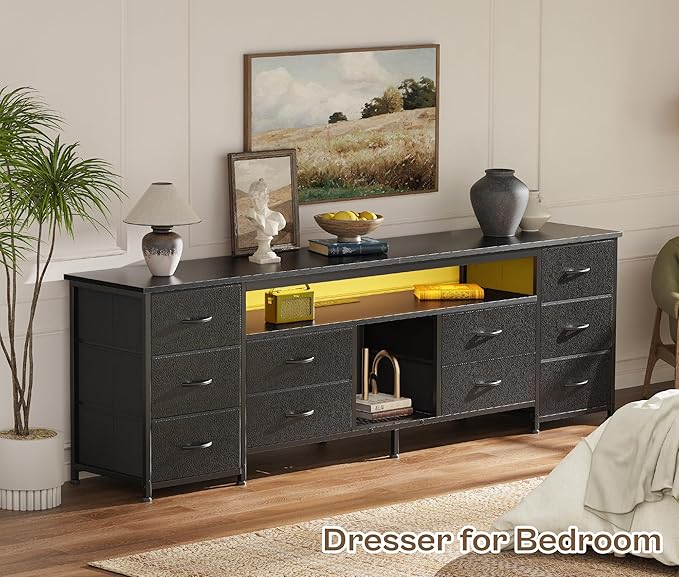 Huuger 70.9 Inch LED TV Stand Dresser with Power Outlets, USB-C Port and LED Lights, 10 Fabric Drawer Dresser for Bedroom, Long Entertainment Center for 75, 80 Inch TV, Open Shelves, PU Leather, Black