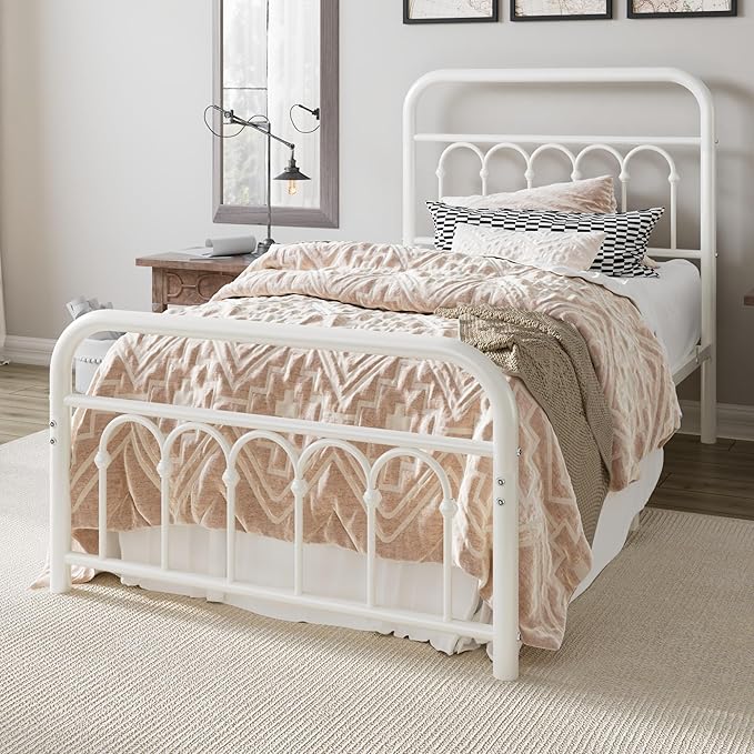 Allewie 14 Inches Twin Size Metal Platform Bed Frame with Victorian Style Curved Iron-Art Headboard/Footboard, Metal Slats Support, Easy Assembly, Under Bed Storage, No Box Spring Required, White