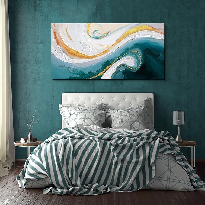 XLSJERST Abstract Canvas Wall Art for Living Room - Large Nave Blue and White Wall Decor Picture Modern Orange Painting Artwork for Bedroom Home Office Decoration Size 48x24 Inches