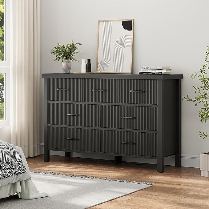 Fluted 7 Drawers Dresser for Bedroom, Modern Chest of Drawers with Metal Handle, Wood Dresser TV Stand, Wooden Closet Clothes Storage Organizer for Living Room, Hallway (Black)