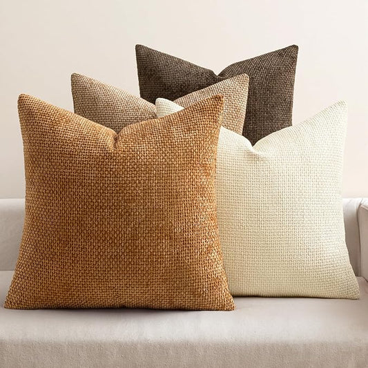 MIULEE Pack of 4 Brown Couch Throw Pillow Covers 18x18 Inch Soft Fall Decorative Chenille Pillows Farmhouse Accent Cushions for Boho Home Decor Spring Sofa Bedroom Living Room