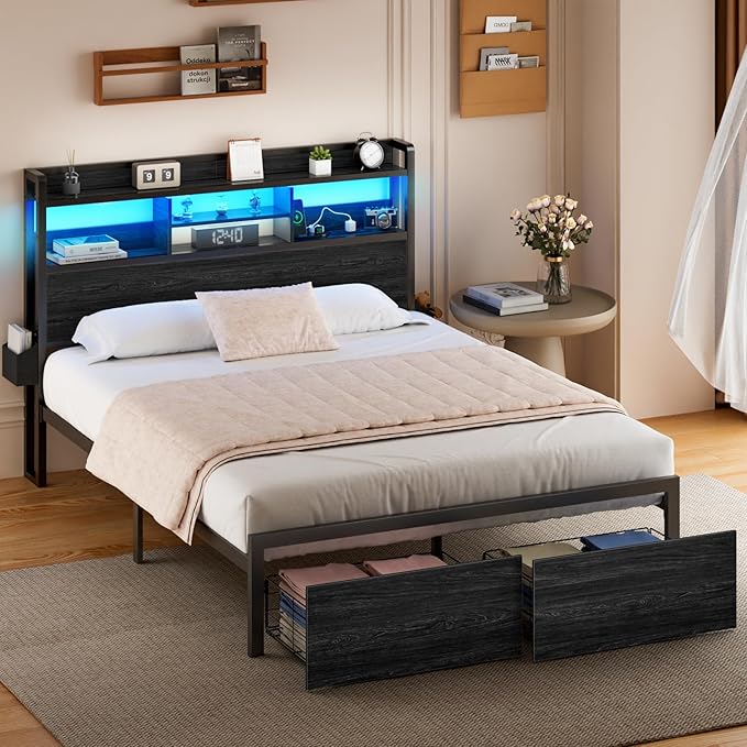 Furnulem Full Size Bed Frame with Wood Headboard, Metal Platform Bed Frame Full Size with 2 Storage Drawers and Shelf, LED Lights and Charging Station, No Box Spring Needed, Noise Free, Black