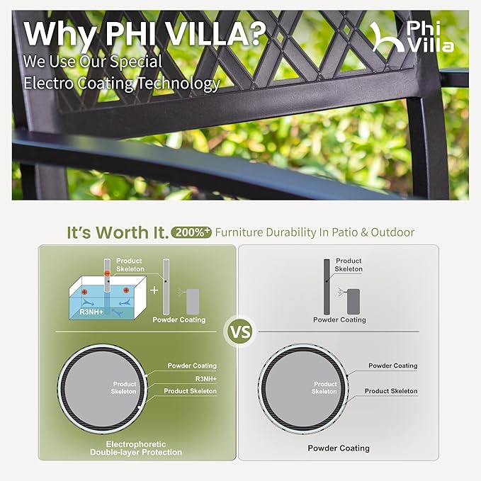 PHI VILLA Patio Dining Set Metal Table and Chairs Furniture 7 Piece, Large with Umbrella Hole 6 Backyard Garden Support 300LBS for Deck, Lawn, Garden, Black, 64'' x 38'' x 29''