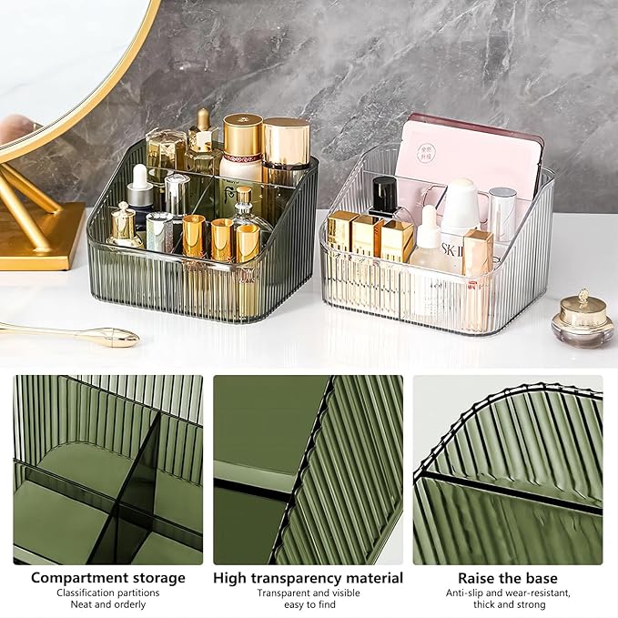 DASITON Large Capacity Makeup Brush Holder,5 Slot Makeup Brush Cup,Vintage striped Make Up Brush Holder,for Vanity Decor,Bathroom Countertops,Desk Storage Container,Cosmetic Display cases(Green-L)