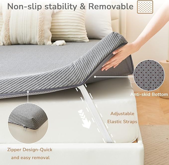3 Inch Memory Foam Mattress Topper, King Mattress Topper, Non-Slip Design with Removable & Washable Cover, Bed Topper for Pressure Relief Back Pain