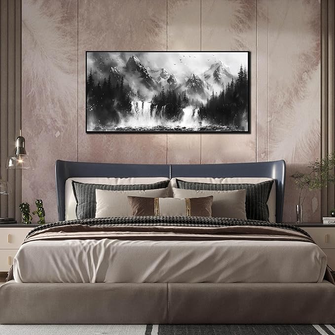 Foggy Forest Art Wall Decor for Living Room - Office Artwork Wall Decor - Black and White Framed Wall Art for Bedroom Size 24" x 48"