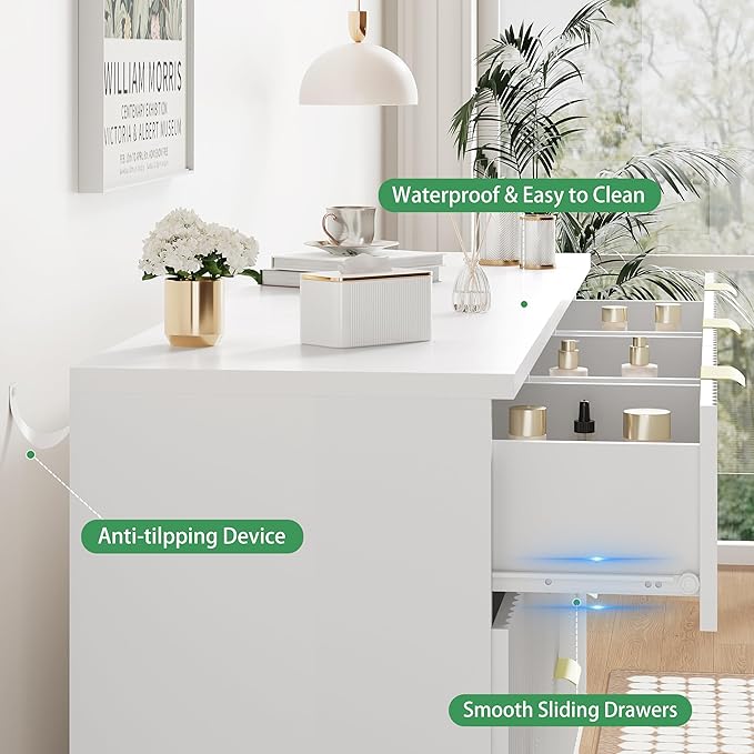 Fluted Dresser for Bedroom with 9 Drawers, 57" Wide Modern Chest of Drawers with Metal Handle, Wooden Dresser TV Stand, Wood Closet Clothes Storage Organizer for Living Room, Hallway, White