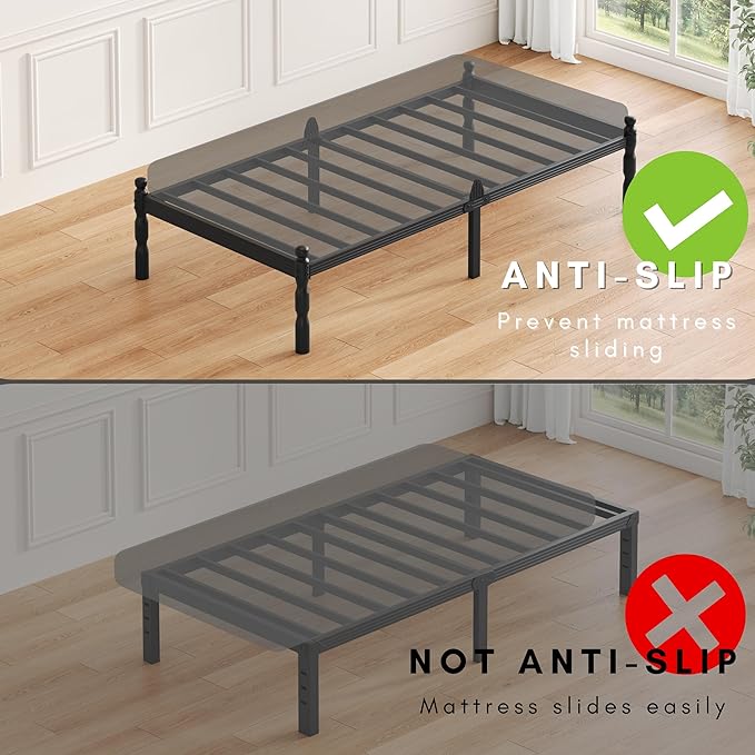 ZIYOO Twin Size Bed Frame with Mattress Slide Stopper, 14 Inches Heavy Duty Sturdy Platform with Vintage Style, Anti-Slip Design, Easy Assembly, No Box Spring Needed