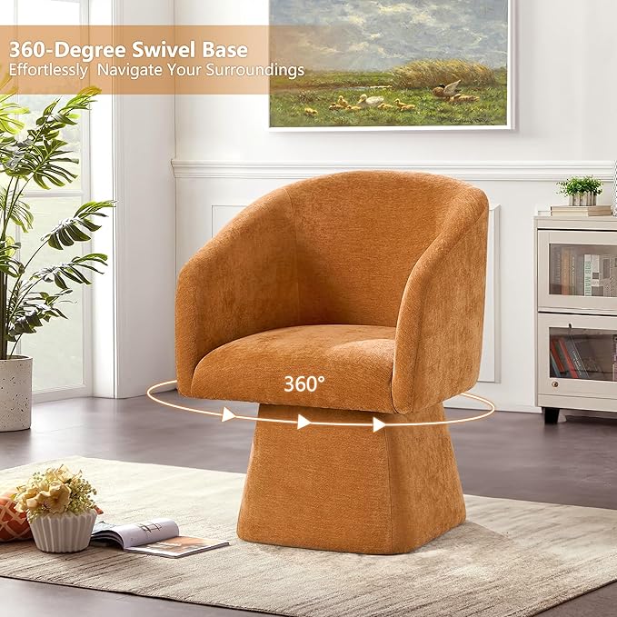 Swivel Modern Accent Chair,Luxury Fabric Upholstered Makeup Chair Comfy Barrel Chair with No Wheels,360°Rotating Vanity Armchair for Living Room Bedroom Office (Orange)