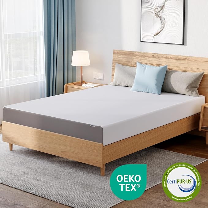 Amazon Basics Memory Foam Mattress, Medium Firm, 8 Inch, Queen, White/Grey