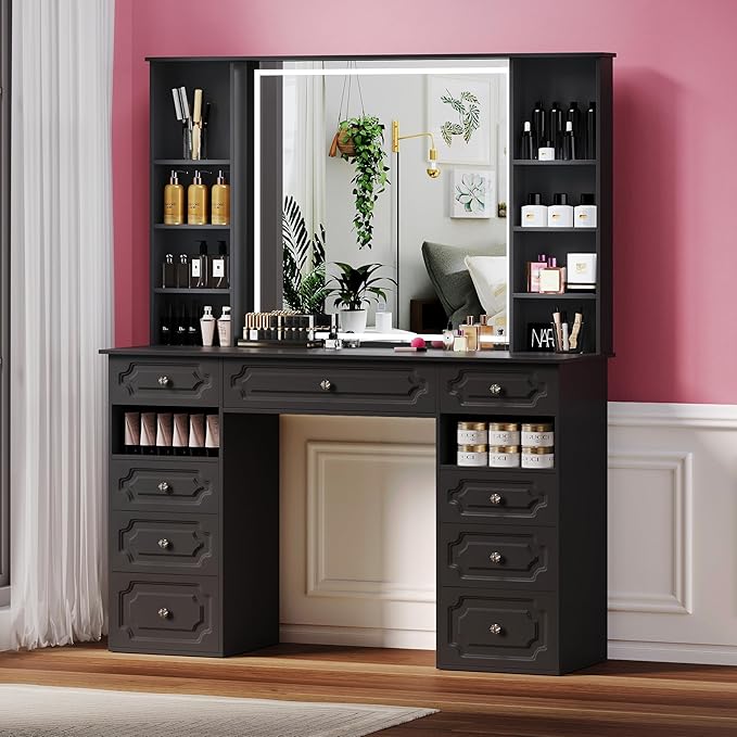 Makeup Vanity with 30" HD Lighted Mirror, 47" Large Vanity Desk with 9 Drawers & 10 Open Storage Shelves, Brightness Adjustable, Dressing Table for Bedroom, Women Girl (Black, B Panel)