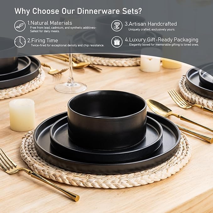 GBHOME Ceramic Dinnerware Sets for 8, Stoneware Plates and Bowls Sets, Chip and Scratch Resistant Dishes, Dishwasher & Microwave& Oven Safe Dishes sets, Reactive Glaze-Black
