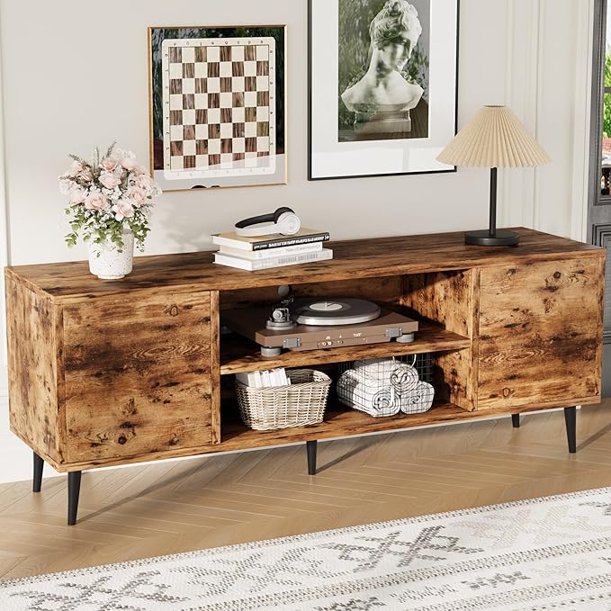 Flamaker TV Stand, 58 Inch Entertainment Center with 2 Doors and 2 Storage Cabinets for TV up to 65 inch, TV Console Table for Living Room, Bedroom, Office (Vintage Brown)