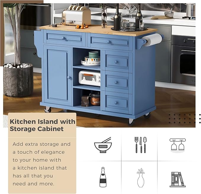 Rolling Kitchen Cart with Rubber Wood Desktop Mobile Kitchen Island with Storage and 5 Drawers for Dining Room Kitchens Living Room 52.8" L*18.1" W*36.2" H Blue