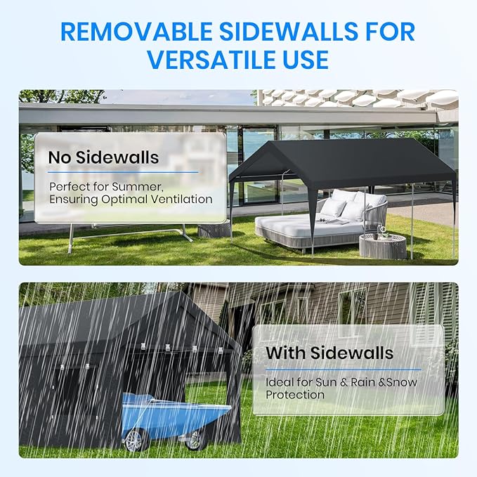 Carport 10x20 Heavy Duty Portable Garage,Carport Canopy with Roll-Up Windows & Doors,Portable Garages and Shelters with Removable Sidewalls,Car Tent Garage with All-Season Tarp for Tractor Bike Truck