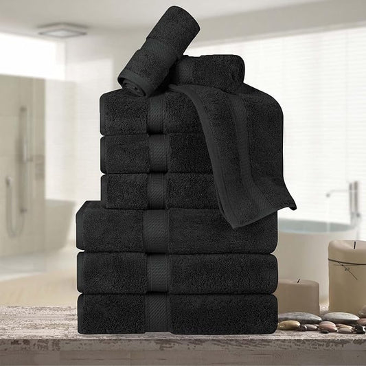 SUPERIOR Egyptian Cotton Pile 9 Piece Towel Set, Includes 3 Bath, 3 Hand, 3 Face Towels/Washcloths, Ultra Soft Luxury Towels, Thick Plush Essentials, Guest Bath, Spa, Hotel Bathroom, Black