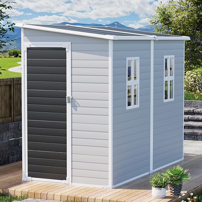 Resin Storage Shed 8x4x6 FT Waterproof Lean to Shed with Floor Included 2 Windows Lockable Door, Outdoor Plastic Sheds for Backyard Garden Patio Lawn Tools