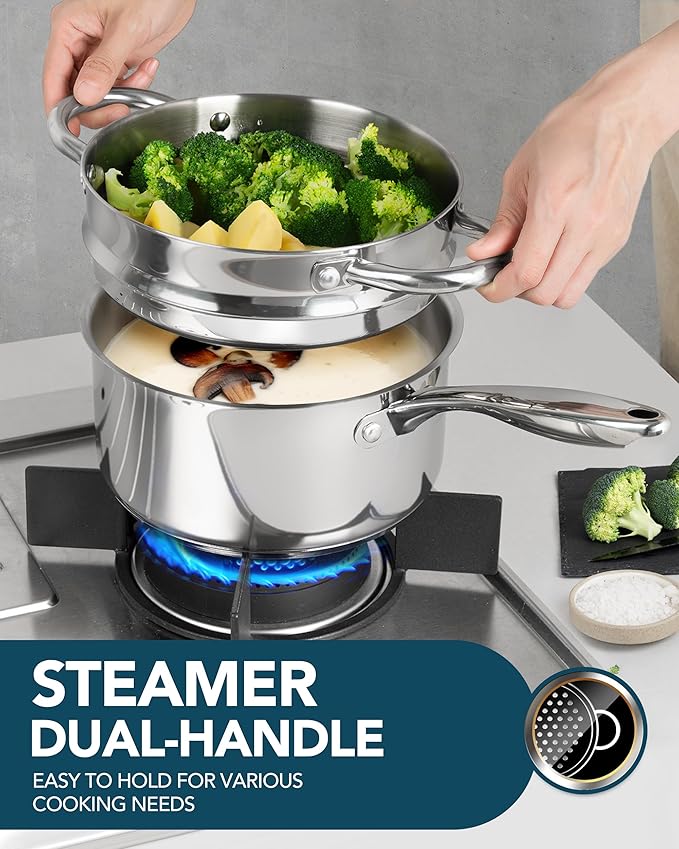 MICHELANGELO Saucepans with Lids & Steamer 7Pcs, Stainless Steel Pot Set with Triply Bottom, 3 Quart Saucepan with Steamer, 18/10 Saucepan Set Induction Compatible - 1QT & 2QT & 3QT