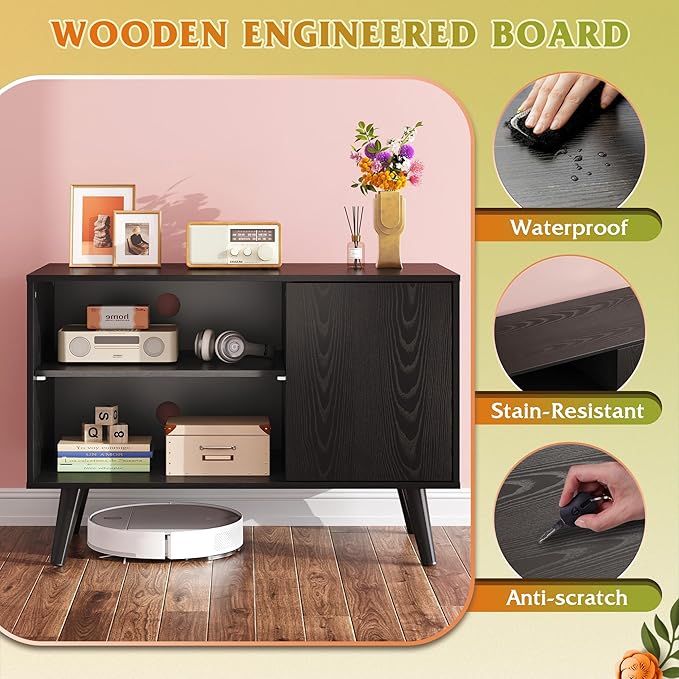 WLIVE TV Stand for 40 Inch TVs, Small Entertainment Center with Storage Cabinet, Mid-Century Modern TV Stands for Living Room and Bedroom, 32" TV Console, Black